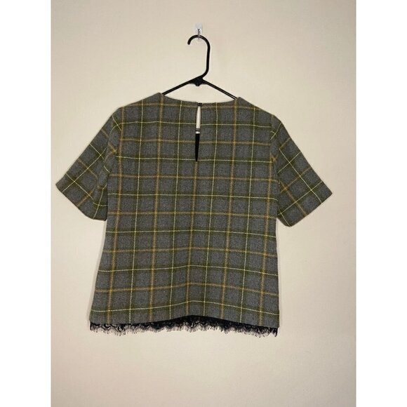 Banana Republic Gray Wool blend Tweed Plaid Lace Trim Top size XS - Picture 2 of 7